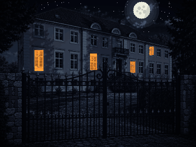 Ein Herrenhaus irgendwo in den Sümpfen der Uckermark bei Vollmond, davor ein schmiedeeisernes Tor
