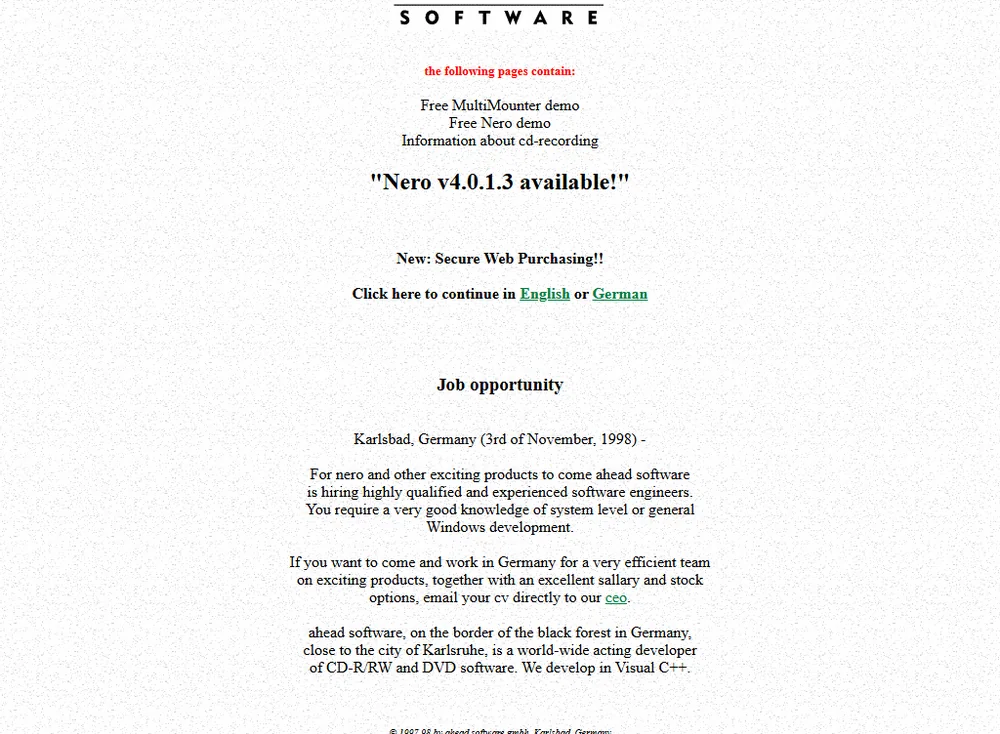 ahead.de im April 1999: "Nero v4.0.1.3 available!" Die Firma saß in Karlsbad bei Karlsruhe