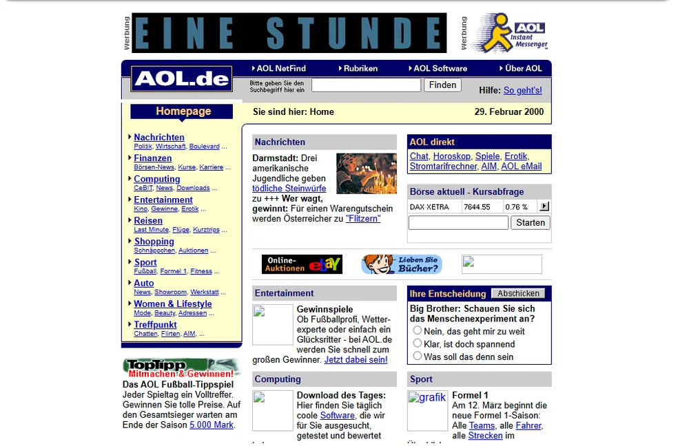 AOL.de am Schalttag 2000: Kursabfrage, Big-Brother-Umfrage und ein Fußball-Tippspiel um 5.000 Mark