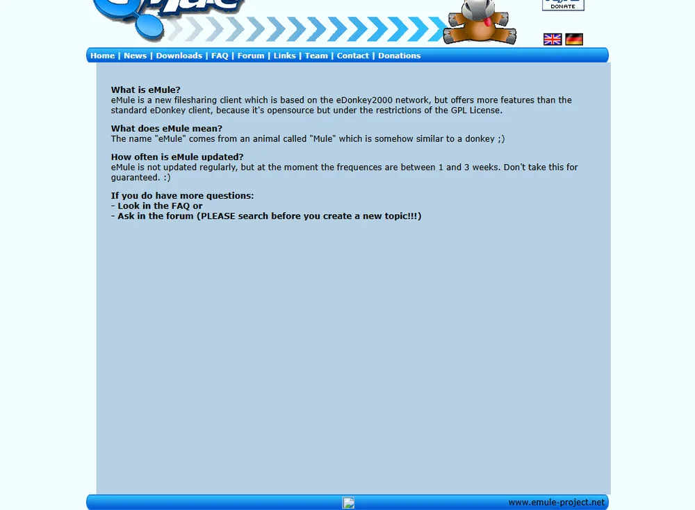 emule-project.net im Februar 2003. Der Name kam vom Maskottchen, einem Maultier