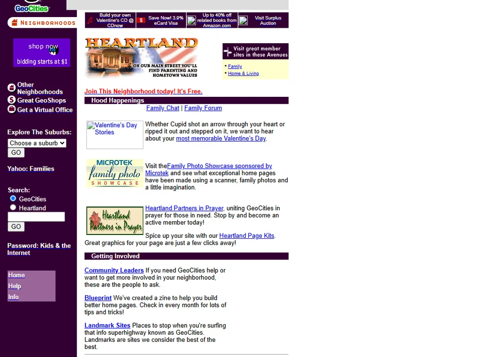 Die Nachbarschaft Heartland/Meadows im Januar 1999. GeoCities sortierte Homepages nach Themen in Straßen und Hausnummern, statt sie durchzunummerieren