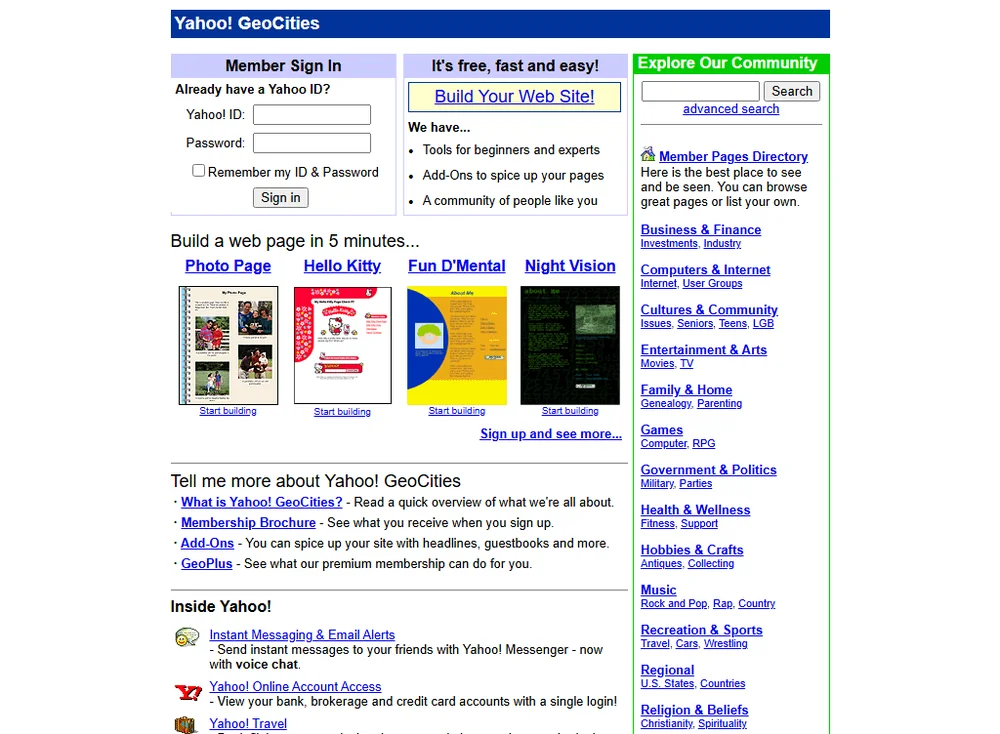 Yahoo! GeoCities im Februar 2001: Anmeldung links, Beispielseiten in der Mitte, Themenverzeichnis rechts