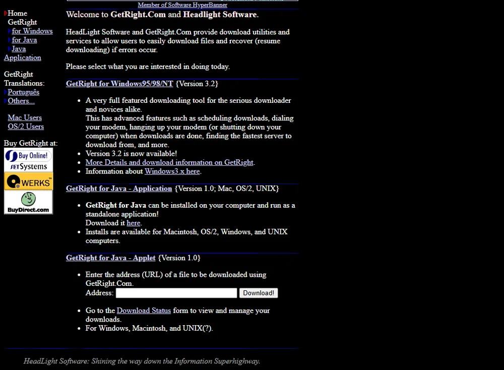 getright.com im Juni 1998. GetRight setzte abgebrochene Downloads dort fort, wo die Leitung zusammengebrochen war