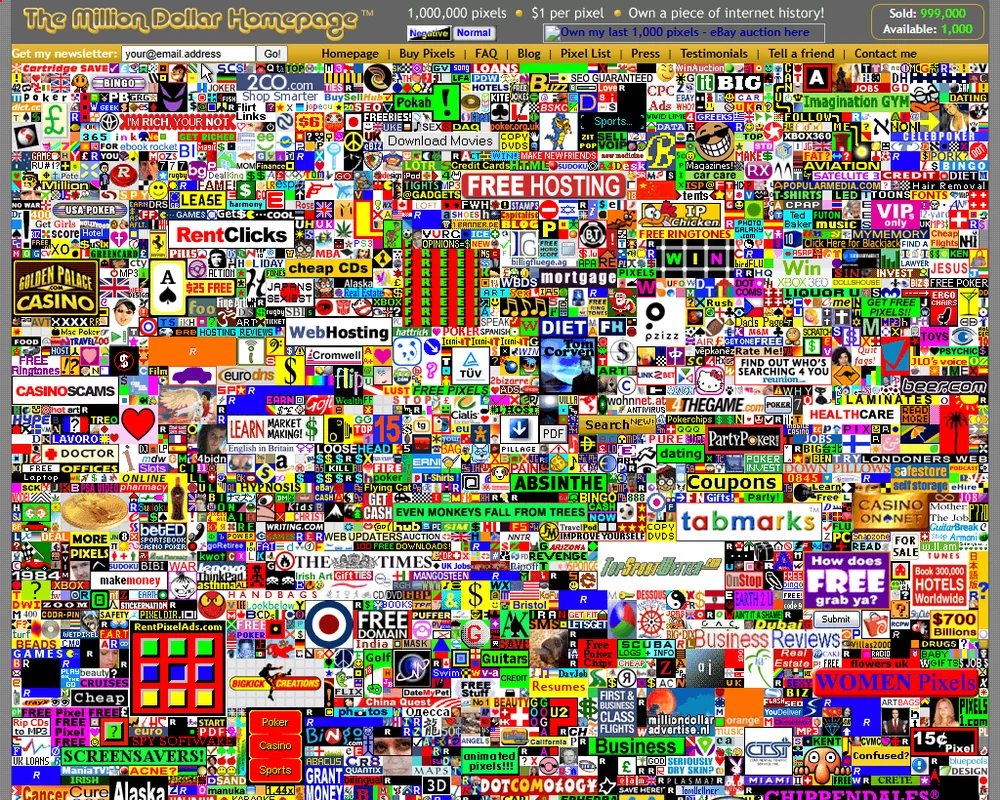 Die Million Dollar Homepage am 11. Januar 2006, kurz vor dem Ende: Oben rechts stehen 999.000 verkaufte Bildpunkte