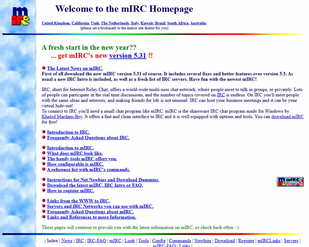 Die Startseite von mirc.co.uk am 22. Januar 1998, damals mit Version 5.31