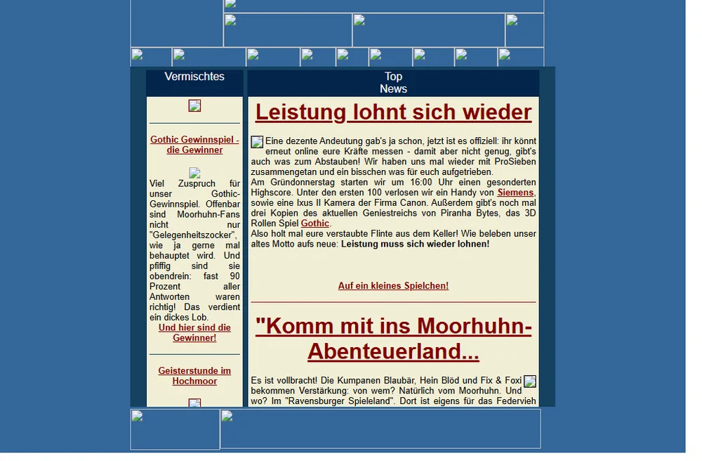 moorhuhn.de im April 2001, mitten in der Moorhuhn-Welle, samt Gewinnspiel und Fan-Post