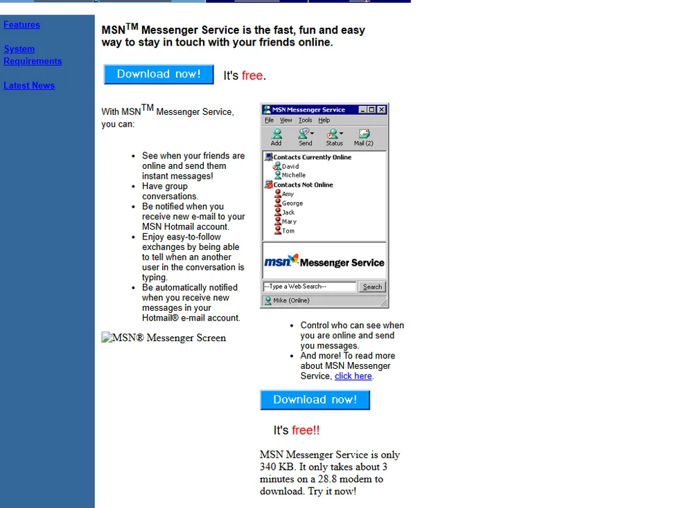 messenger.msn.com im Februar 2000. Die Seite zeigt den Messenger selbst, mit Kontaktliste und Statusanzeige