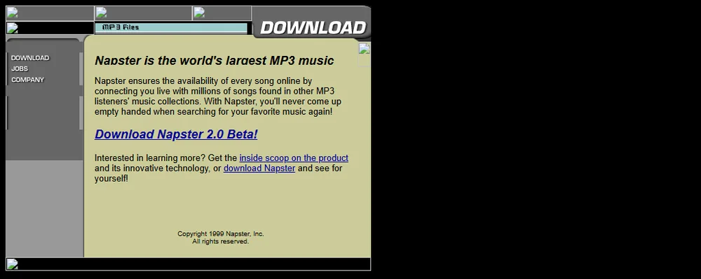 napster.com im November 1999, mit dem Client links im Bild. Ein halbes Jahr spaeter kam die erste Klage