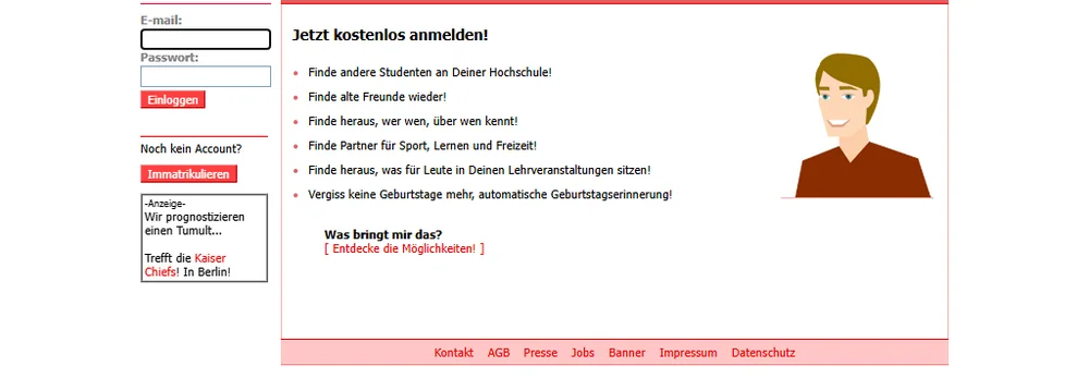 studivz.net im Januar 2007. Weiter als bis zur Anmeldung kommt das Archiv nicht, die Profile lagen hinter dem Login