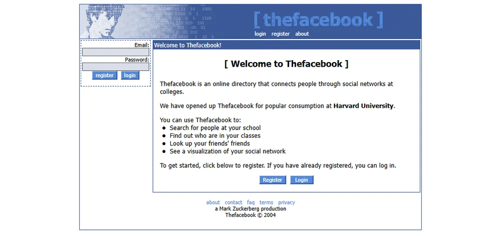Die Startseite von thefacebook.com am 12. Februar 2004, acht Tage nach dem Start in Harvard