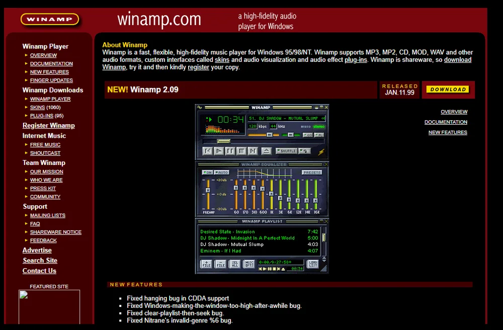 winamp.com im Januar 1999, mit Winamp 2.09 zum Download und dem Classic Skin samt Equalizer