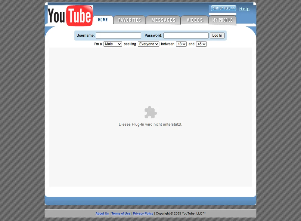 Die Startseite von youtube.com am 28. April 2005, fünf Tage nach dem ersten hochgeladenen Video