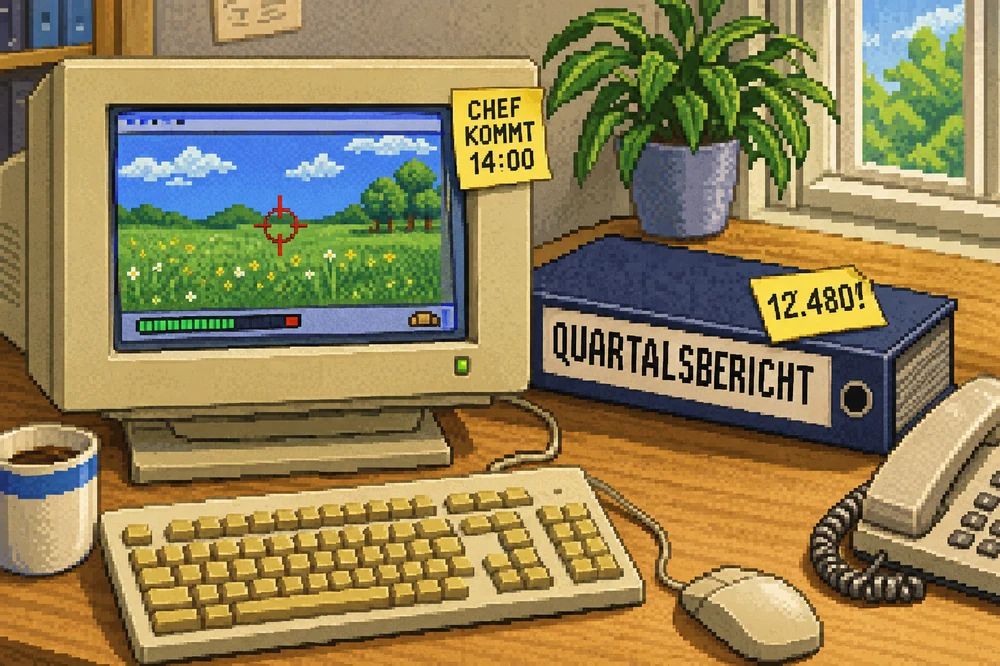 Mittagspause im Büro um 2000. Der Quartalsbericht lag daneben, das Fadenkreuz stand über der Wiese.