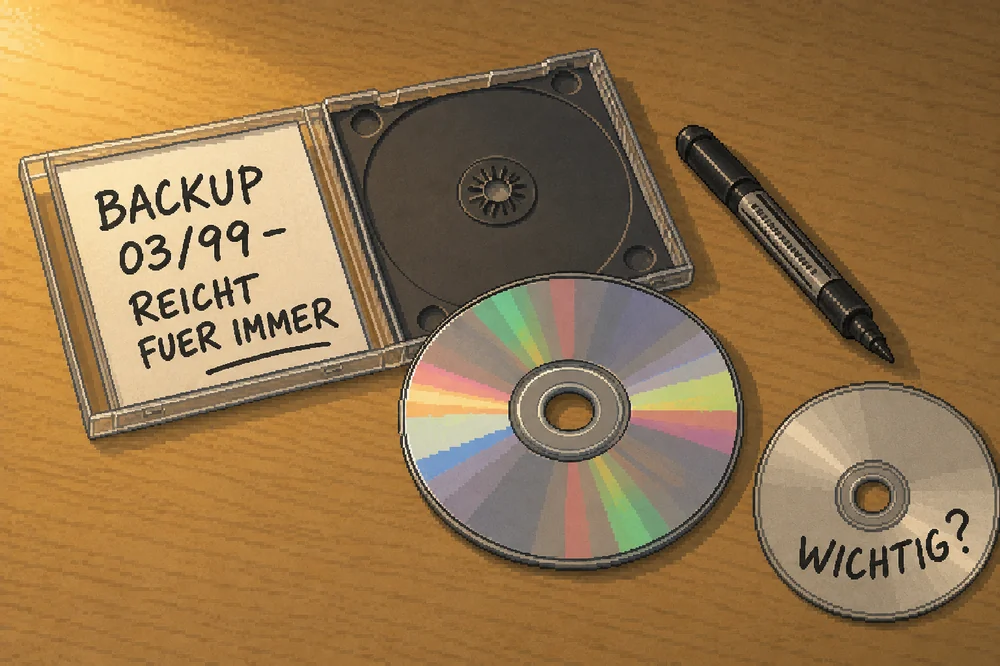 Eine gebrannte Scheibe, ein Filzstift, ein handbeschrifteter Einleger. So sah Datensicherung 1999 aus.