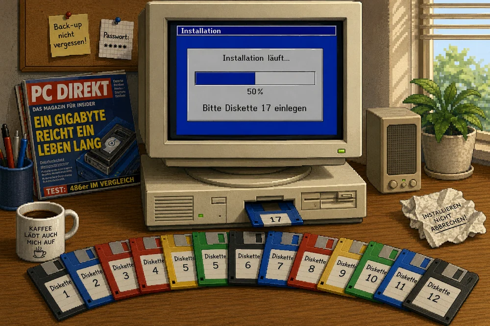 Eine Installation über viele Disketten: Der Fortschrittsbalken steht bei der Hälfte und fragt nach der nächsten Nummer.