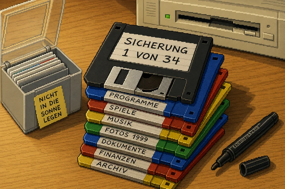 Ein Stapel Disketten mit handbeschrifteten Aufklebern, daneben die Box und der Filzstift, mit dem die Beschriftung entstand.