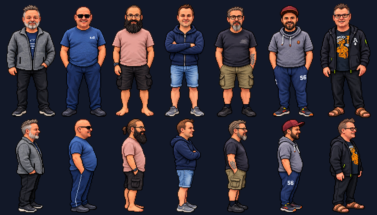 Sieben Pixelfiguren in Alltagskleidung, oben in der Vorderansicht, unten von der Seite