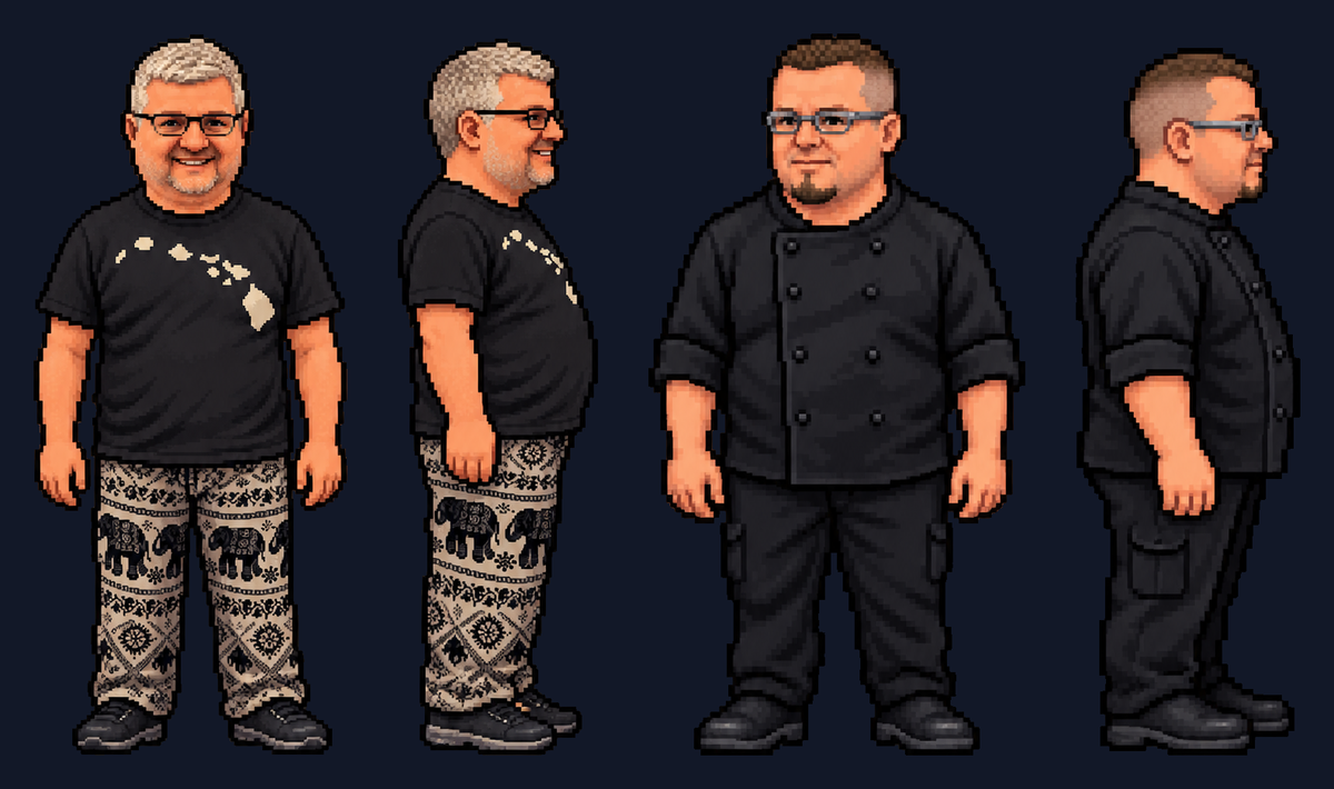 Zwei Pixelfiguren, ein Mann mit Elefantenhose und ein Koch in Schwarz, je von vorn und von der Seite